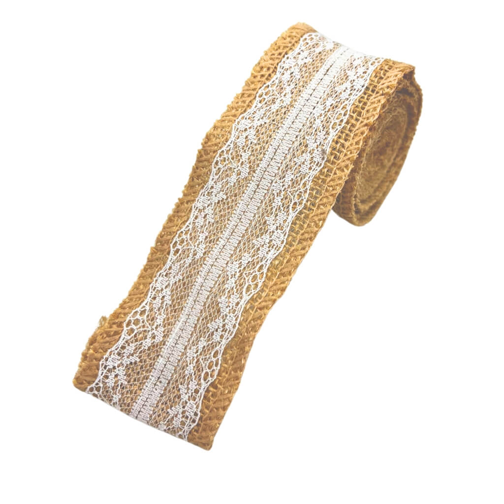 2m Natural Jute Burlap Ribbon Roll with White Lace - Rustic Wedding Decor - Online Party Supplies