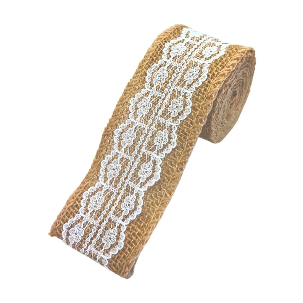 2m Natural Jute Burlap Ribbon Roll with White Lace - Rustic Wedding Decor - Online Party Supplies
