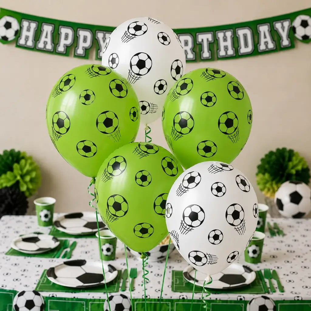 Pack of 5 12in Pearl Lime Green &amp; White Soccer Ball Printed Latex Balloons