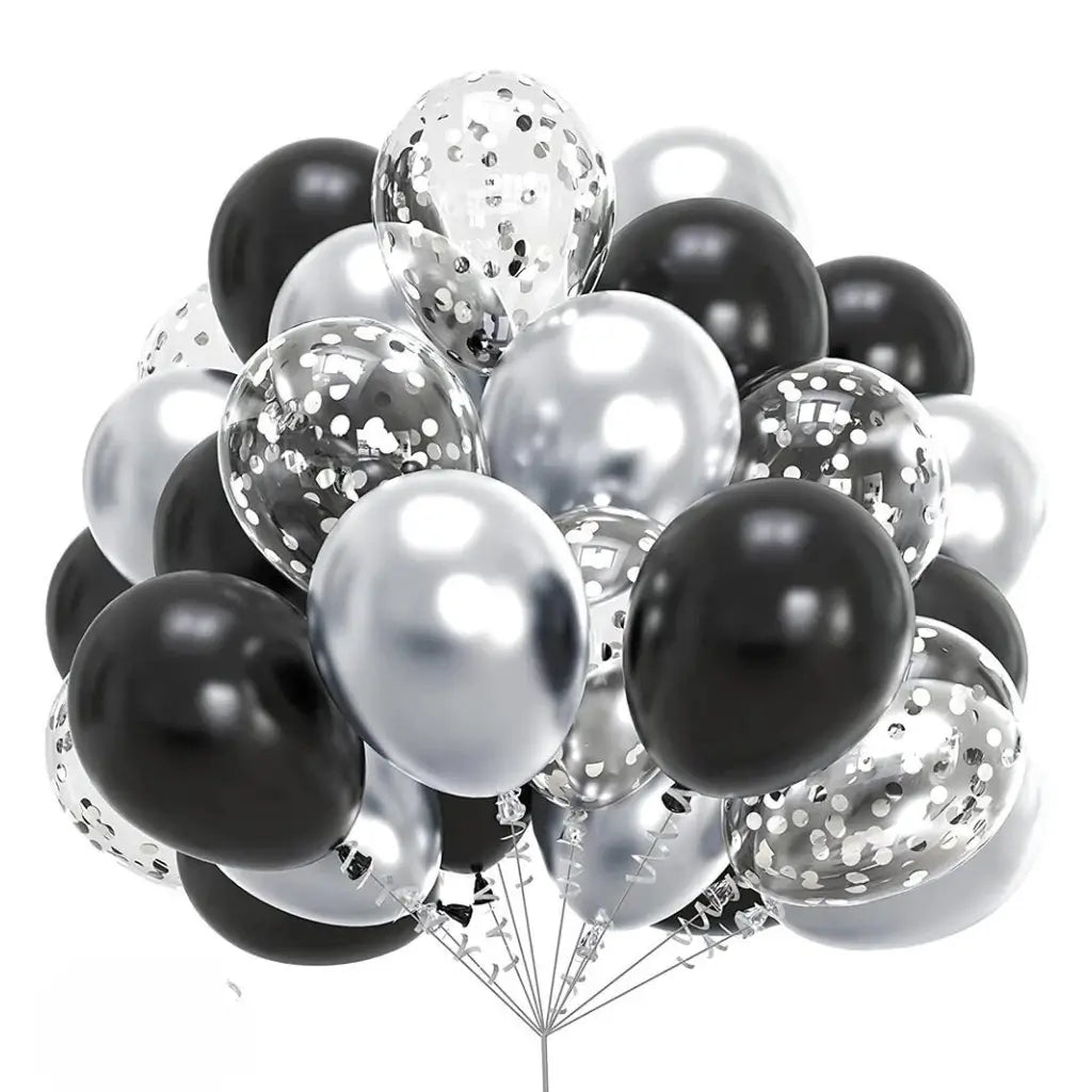 12-inch Chrome Silver Black & Confetti Latex Balloons 30pk
