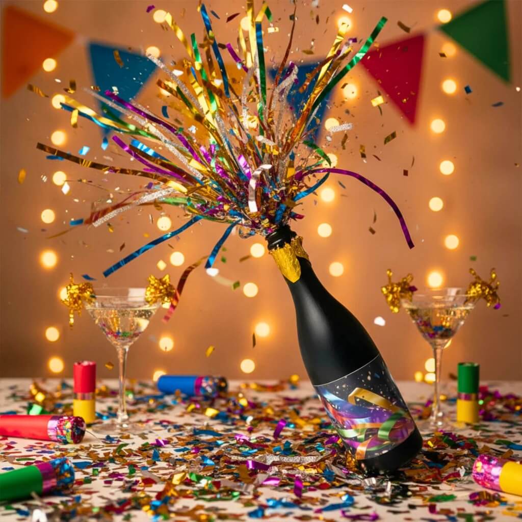 Champagne Bottle Party Popper with rainbow confetti explosion