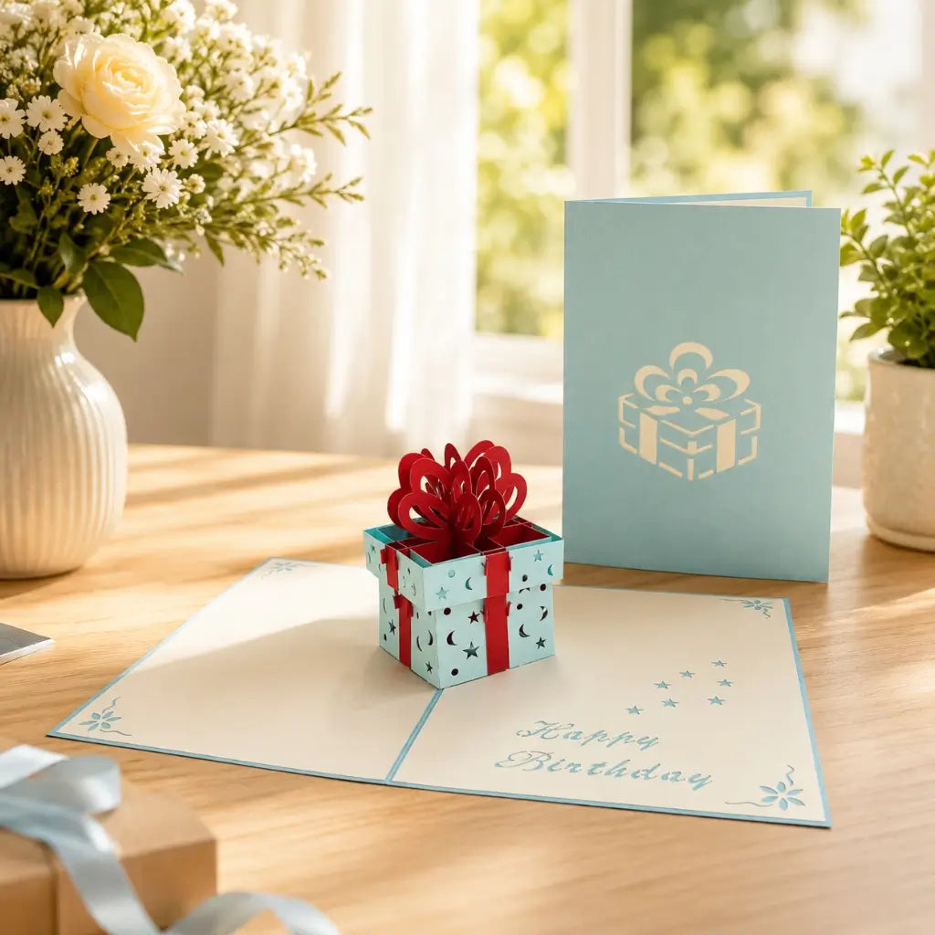 Blue Present Box with Red Ribbon Bows Pop Up birthday Card