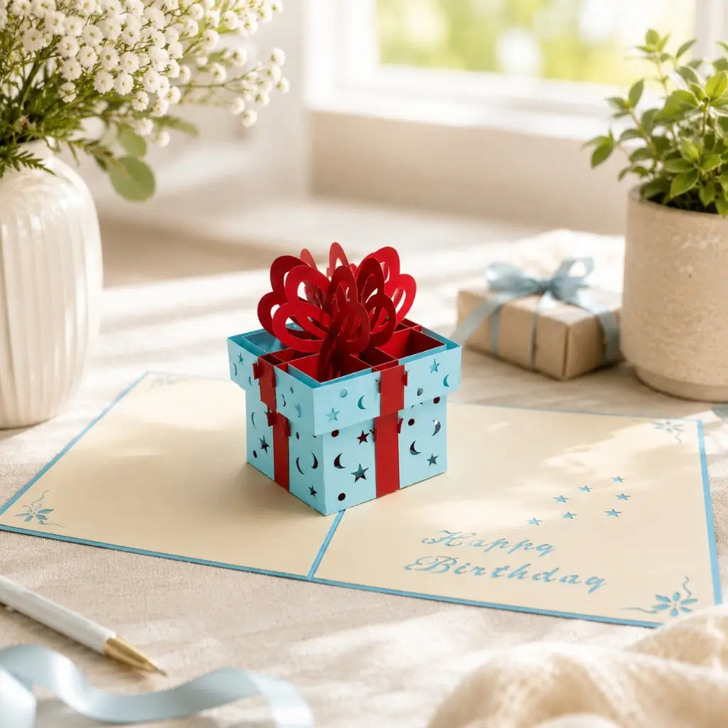 Blue Present Box with Red Ribbon Bows Pop Up birthday Card