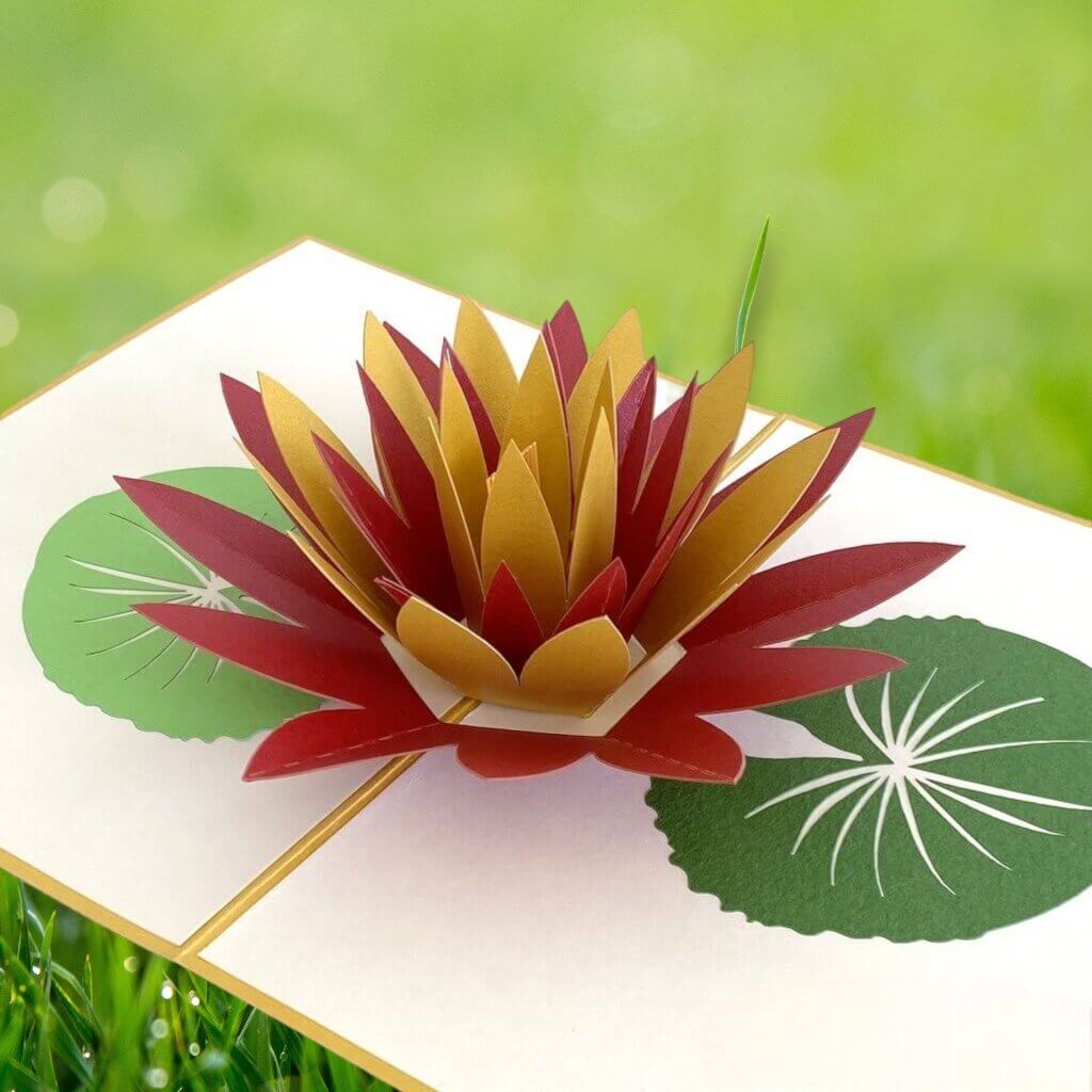 Online Party Supplies Orange and Red Lotus Flower Pop Up Card - Gold Cover