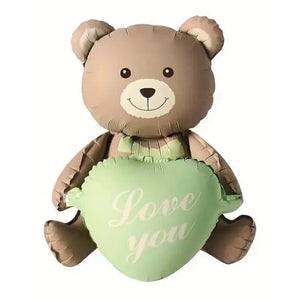 3D Matte Brown Teddy Bear Holding Green Heart Foil Balloon