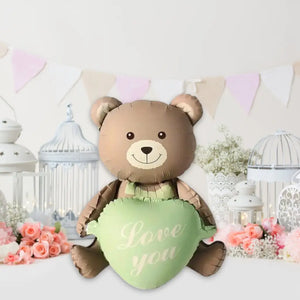 3D Matte Brown Teddy Bear Holding Green Heart Foil Balloon