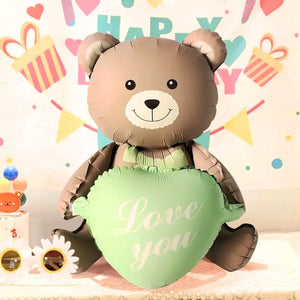 3D Matte Brown Teddy Bear Holding Green Heart Foil Balloon