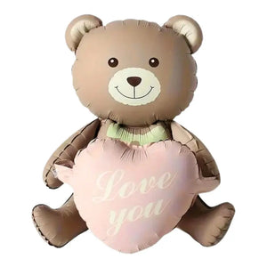 3D Matte Brown Teddy Bear Holding Pink Heart Foil Balloon