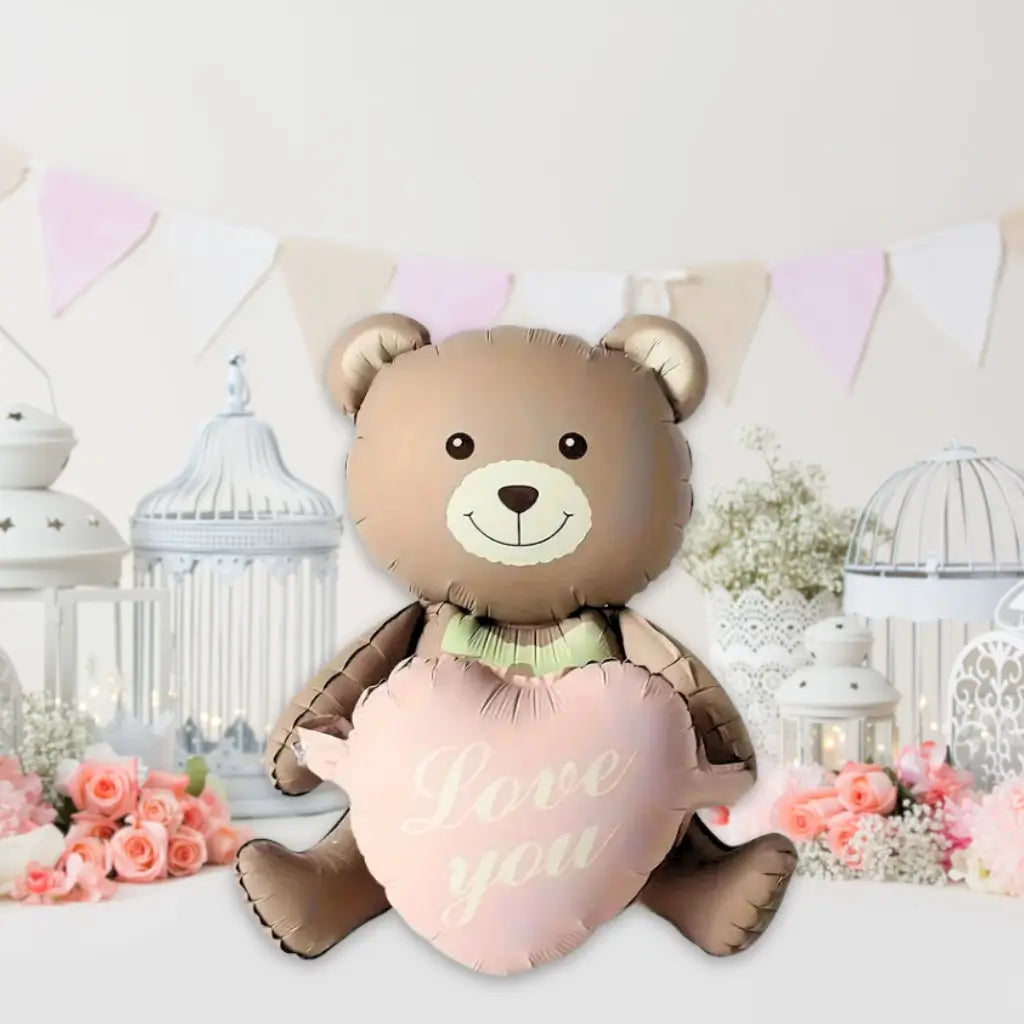 3D Matte Brown Teddy Bear Holding Pink Heart Foil Balloon