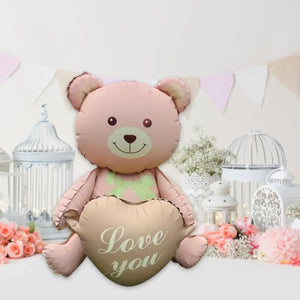 3D Matte Pink Teddy Bear Holding Brown Heart Foil Balloon