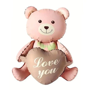 3D Matte Pink Teddy Bear Holding Brown Heart Foil Balloon