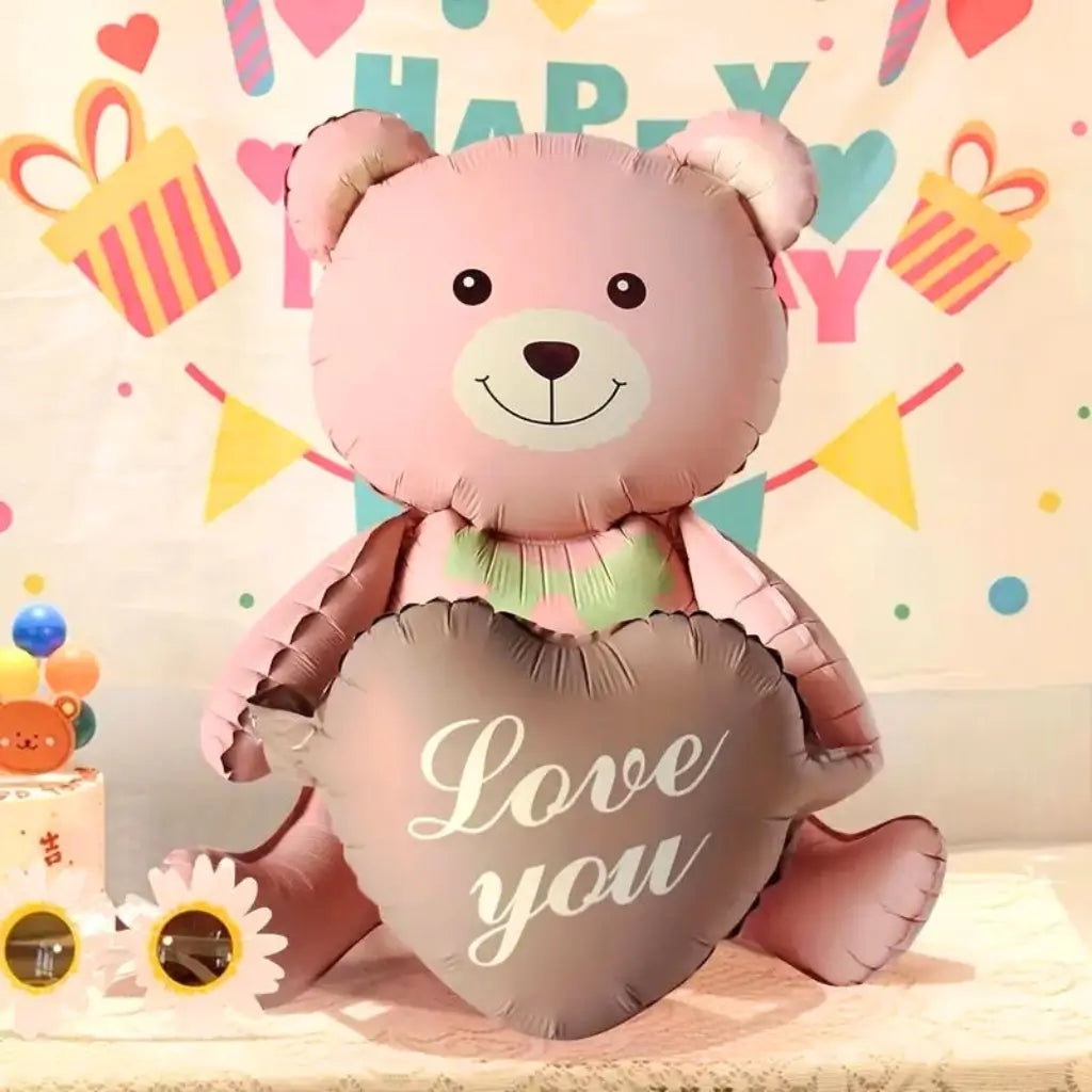 3D Matte Pink Teddy Bear Holding Brown Heart Foil Balloon