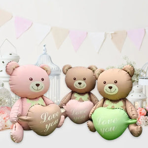 3D Matte Brown Teddy Bear Holding Pink Heart Foil Balloon