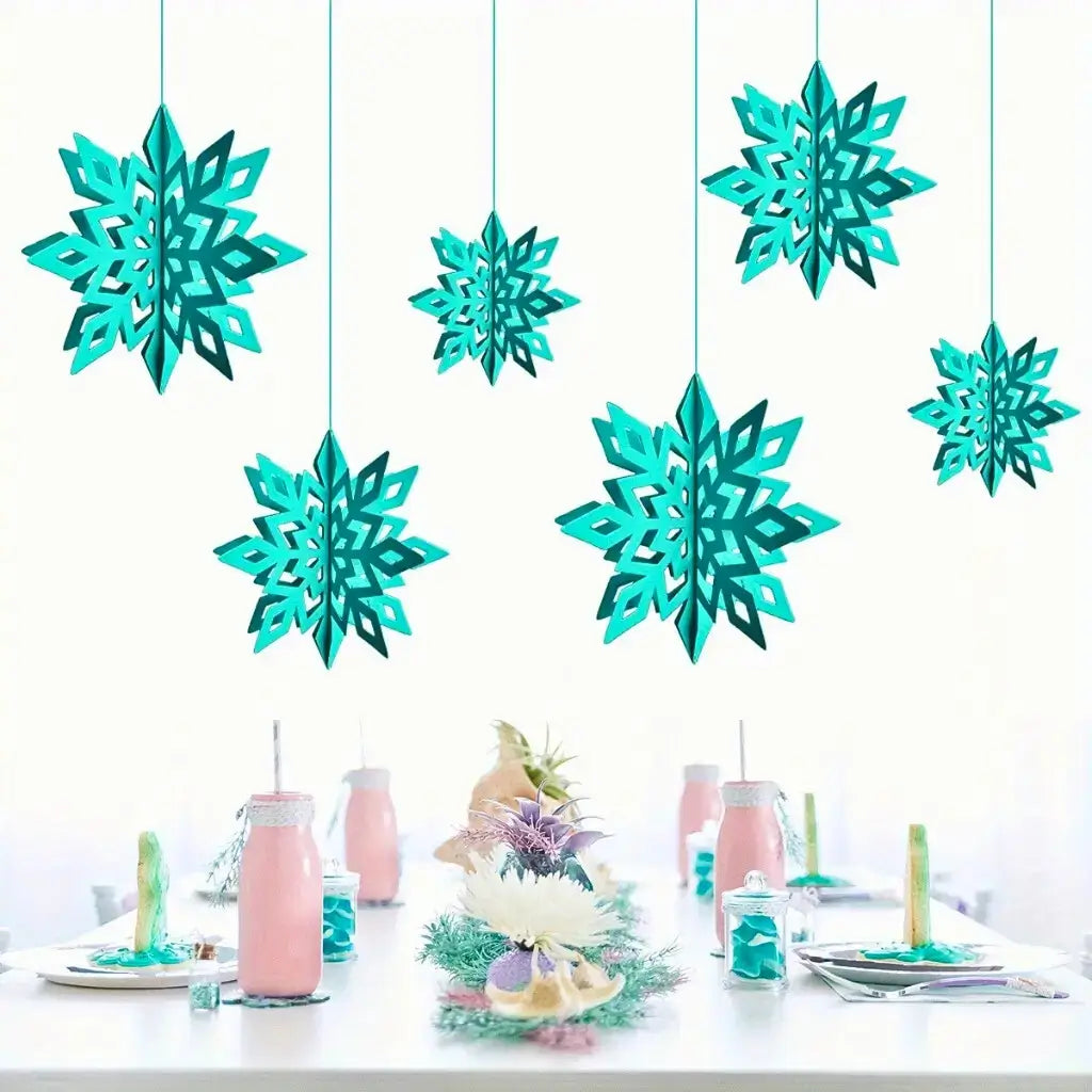 3D Ocean Blue Glitter Snowflake Hanging Ornaments 6pk for Christmas and New Year