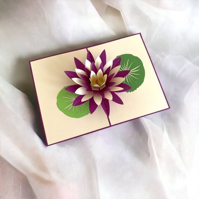 Handmade Purple White Lotus Flower Pop Up Greeting Card