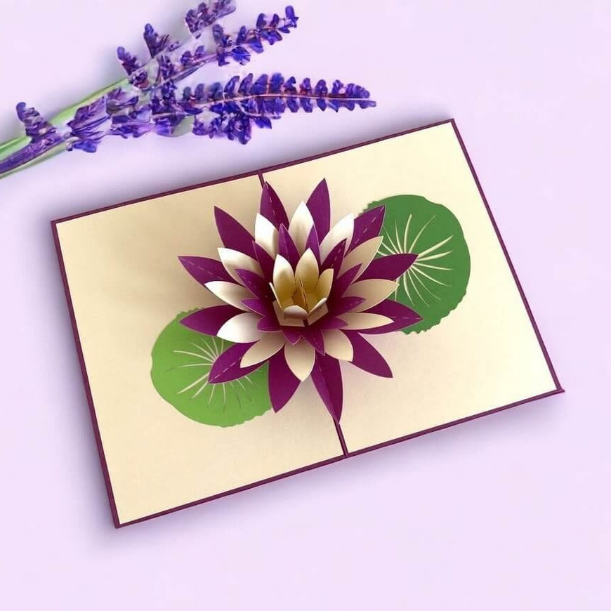 Handmade Purple White Lotus Flower Pop Up Greeting Card