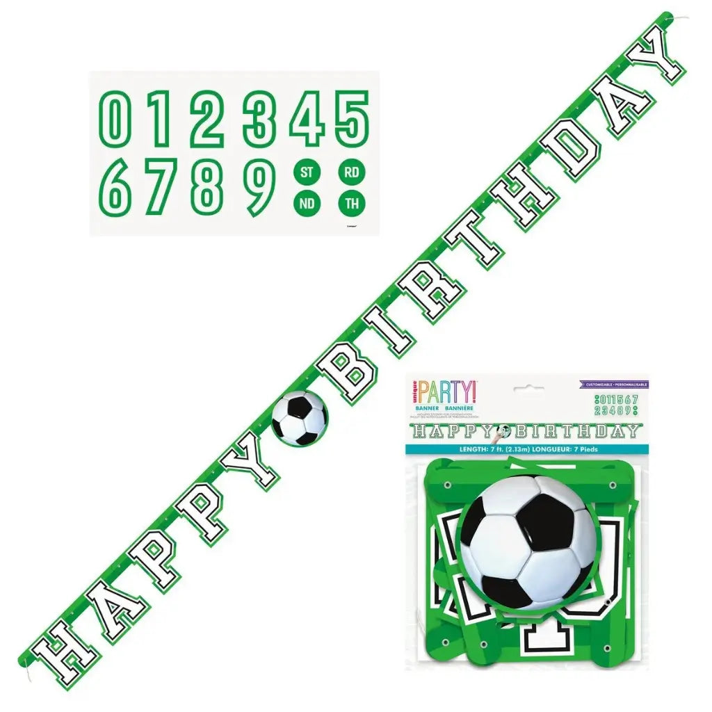 Customisable soccer birthday banner with football centrepiece