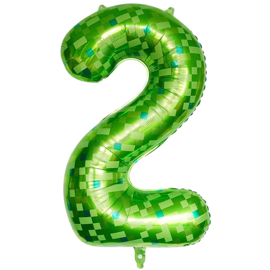 large green pixel number 2 foil balloon for boys second birthday celebration