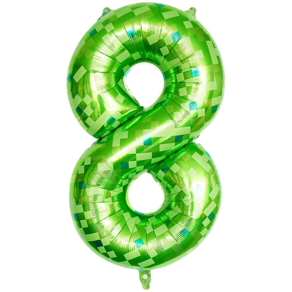 green pixel style number 8 foil balloon for video game party decor