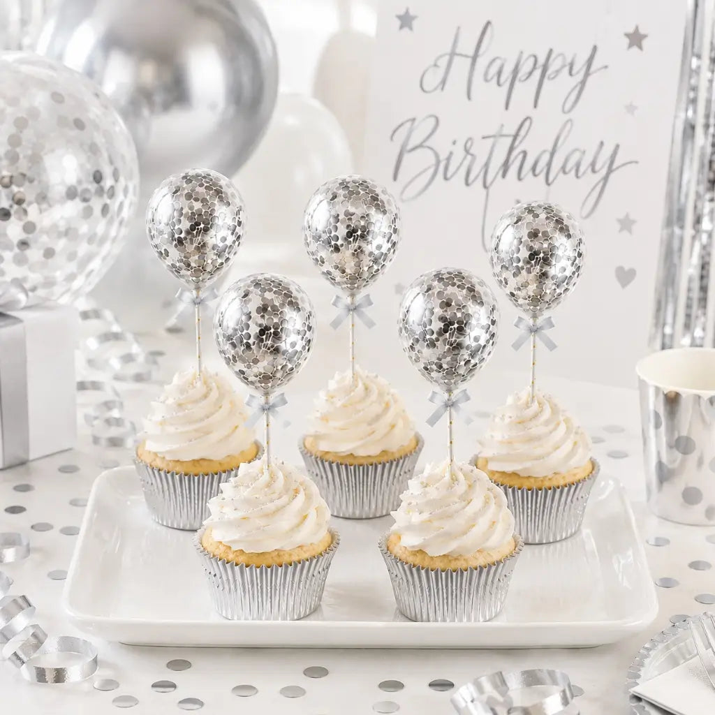 5-inch Mini Silver Confetti Balloon Cake Topper Kits 5pk