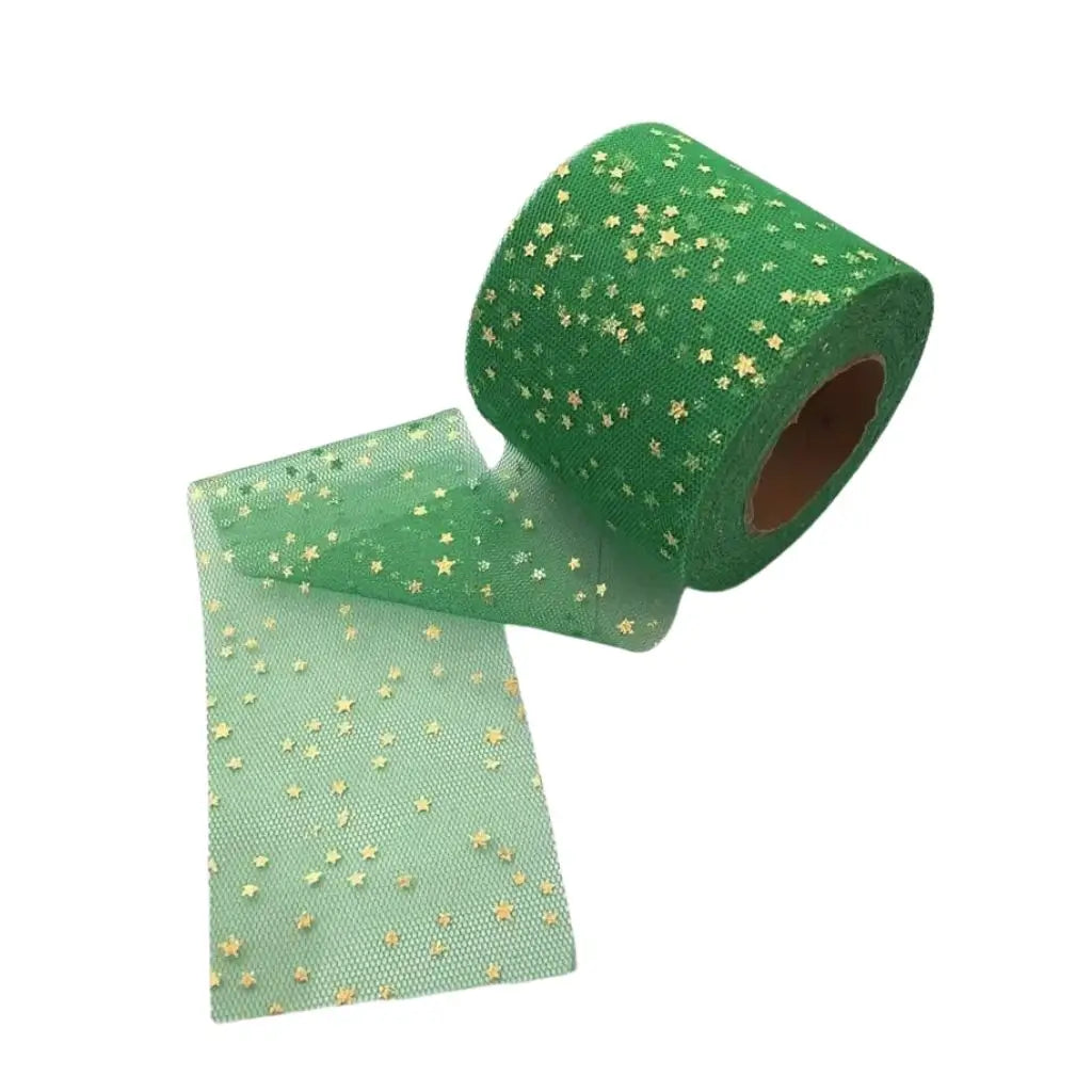 Gold Star Green Mesh Organza Ribbon Roll