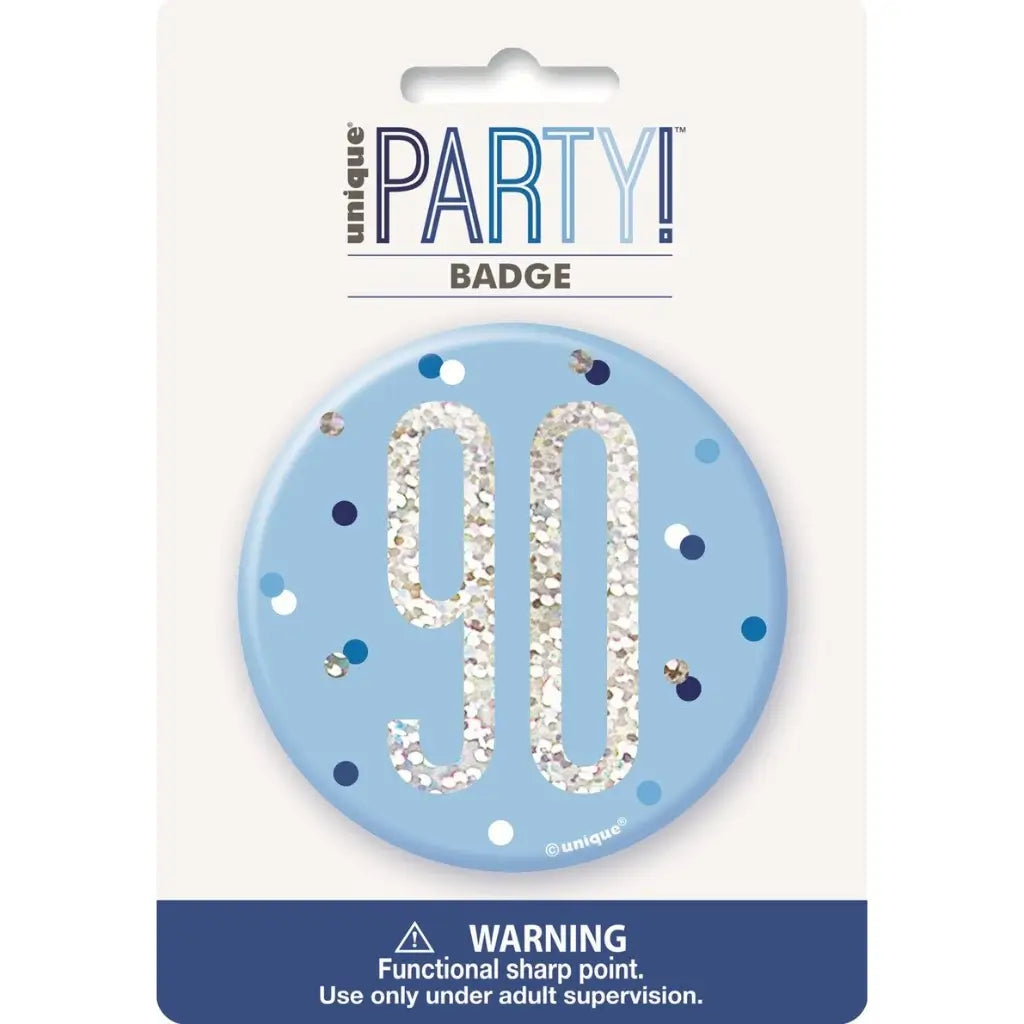 Round blue 90 birthday party badge with confetti design
