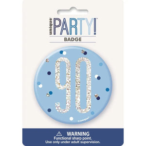 Round blue 90 birthday party badge with confetti design
