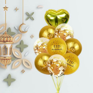 Gold Eid Mubarak Heart Confetti Balloon Bouquet 9pk