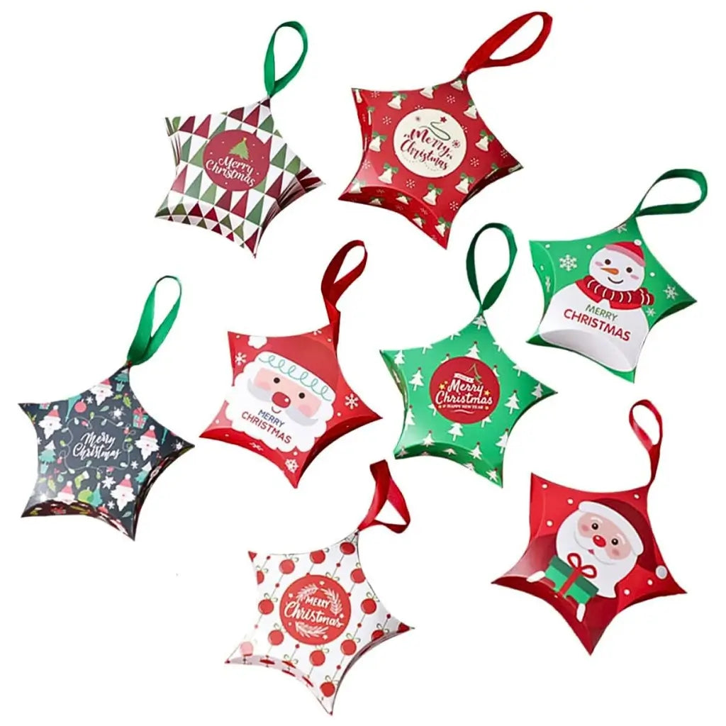 Set of colourful Christmas-themed star-shaped boxes with Santa Claus and snowman designs