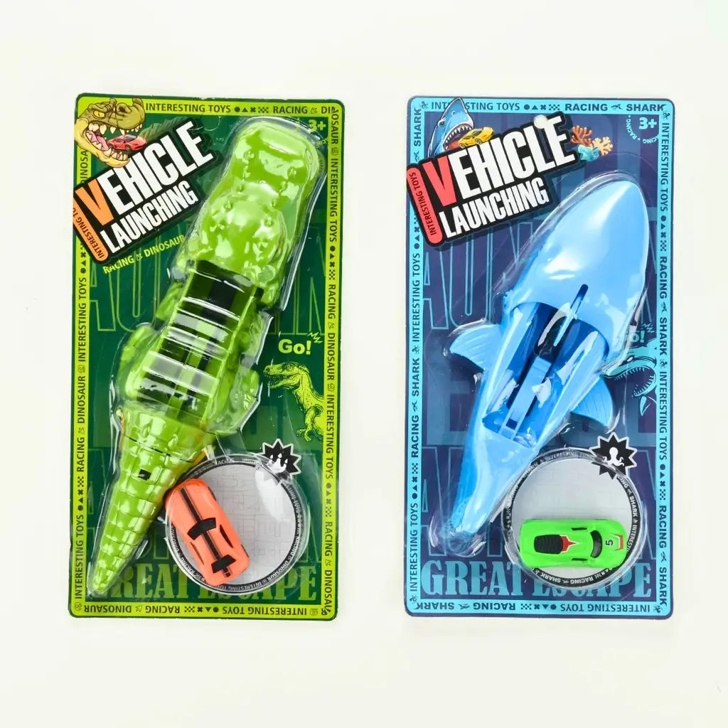 Kids racing toy car launcher with Crocodile and shark obstacle