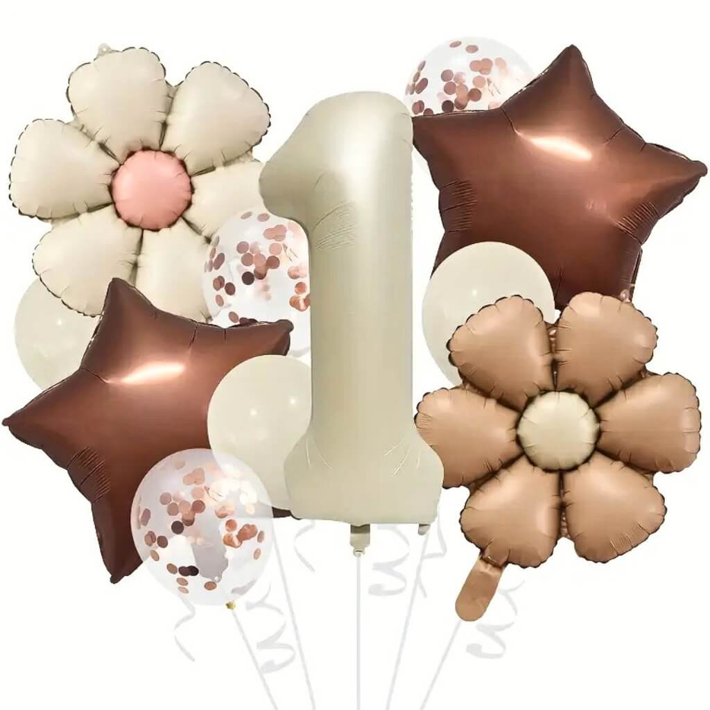 Retro cream and brown balloon bundle with daisy and star foil balloons