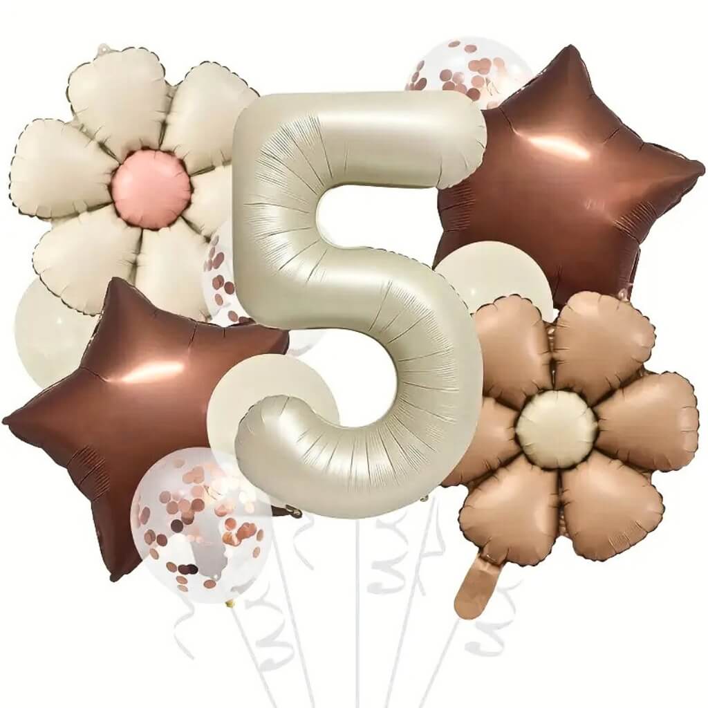 Rustic party balloon bundle with daisy foil, latex and star foil balloons number 5