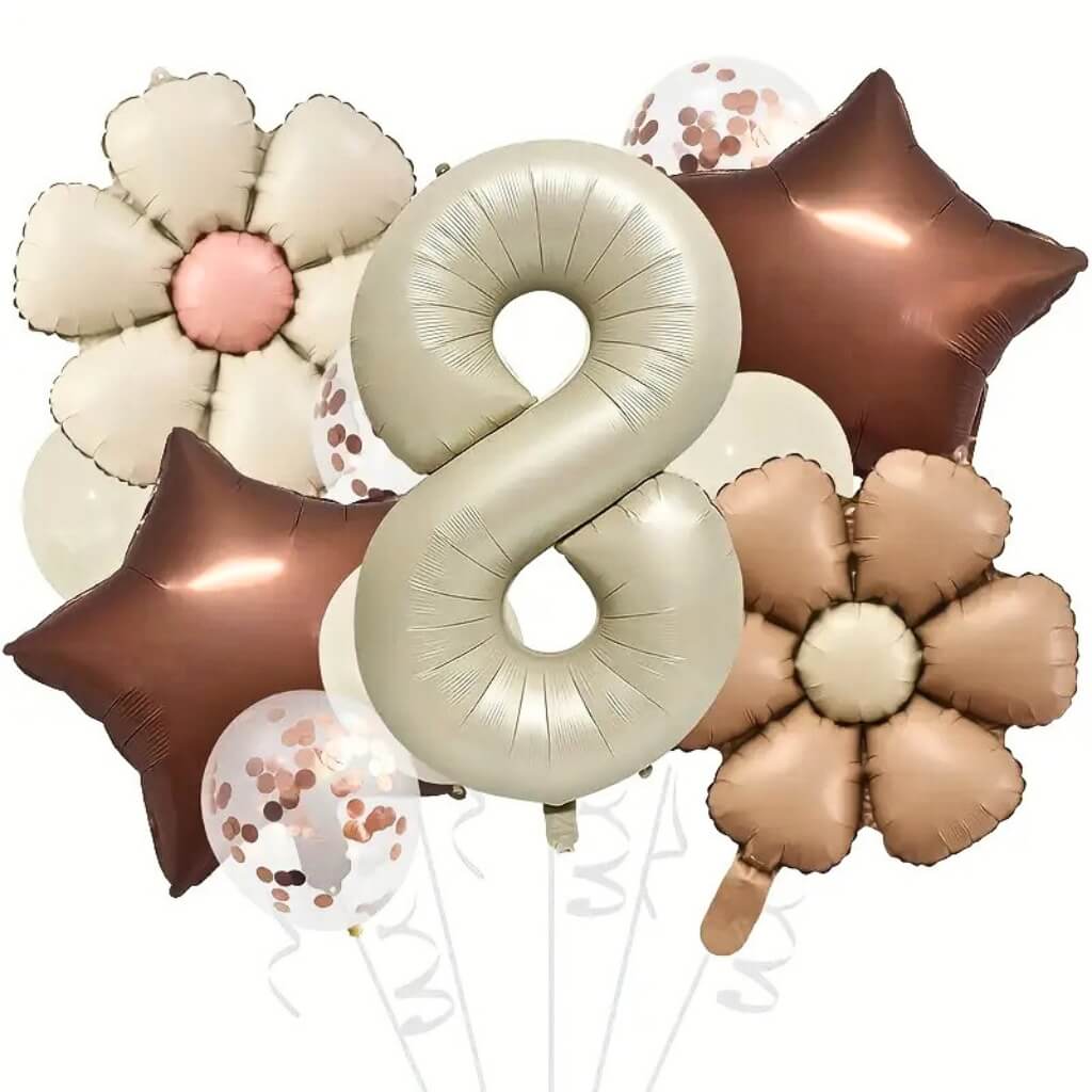 Mocha and cream party balloons with rose gold confetti latex balloons number 8