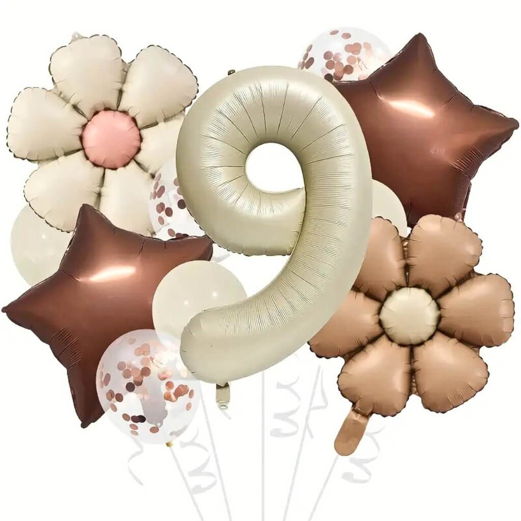 Rustic party balloon bundle with daisy foil, latex and star foil balloons number 9