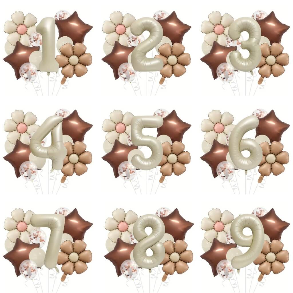 Retro cream and brown balloon bundle with daisy and star foil balloons