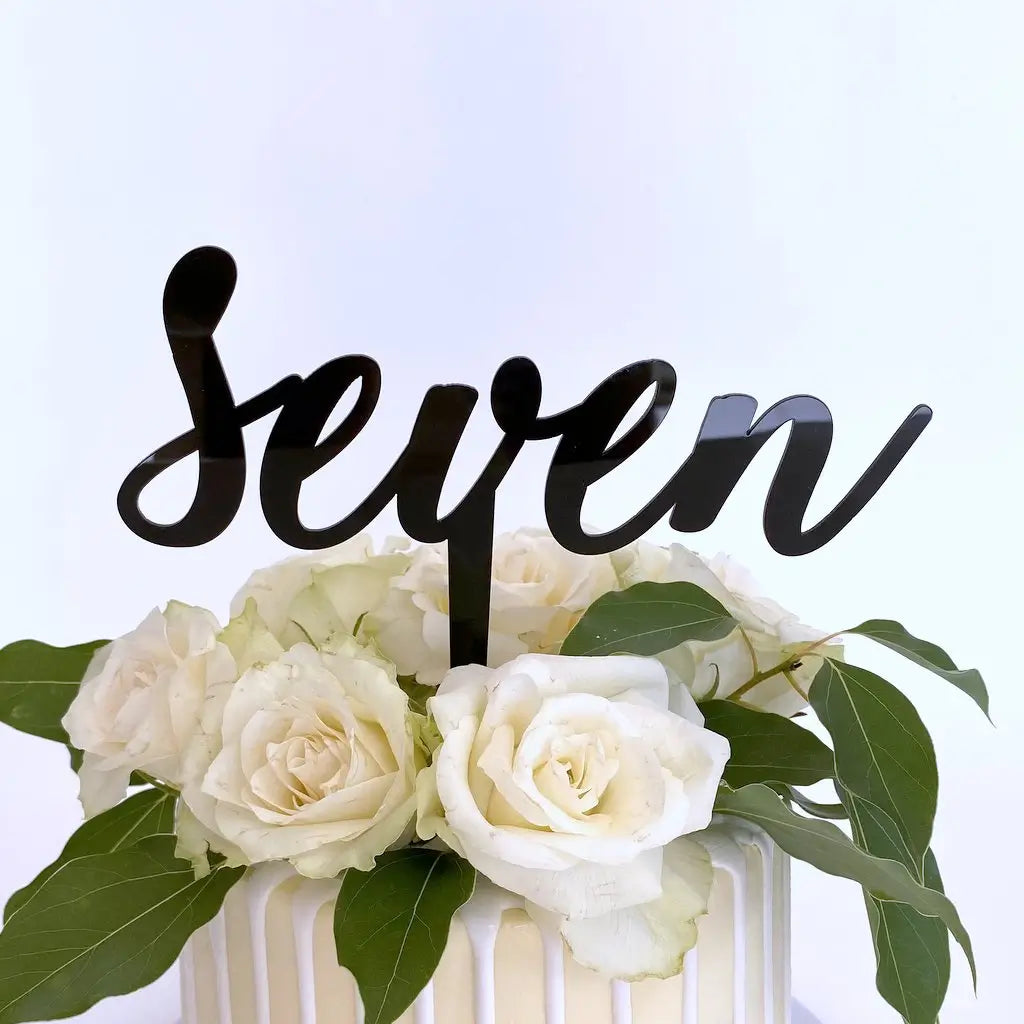 Acrylic Black 'seven' Script Birthday Cake Topper