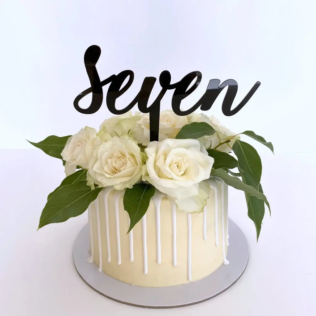 Acrylic Black 'seven' Script Birthday Cake Topper
