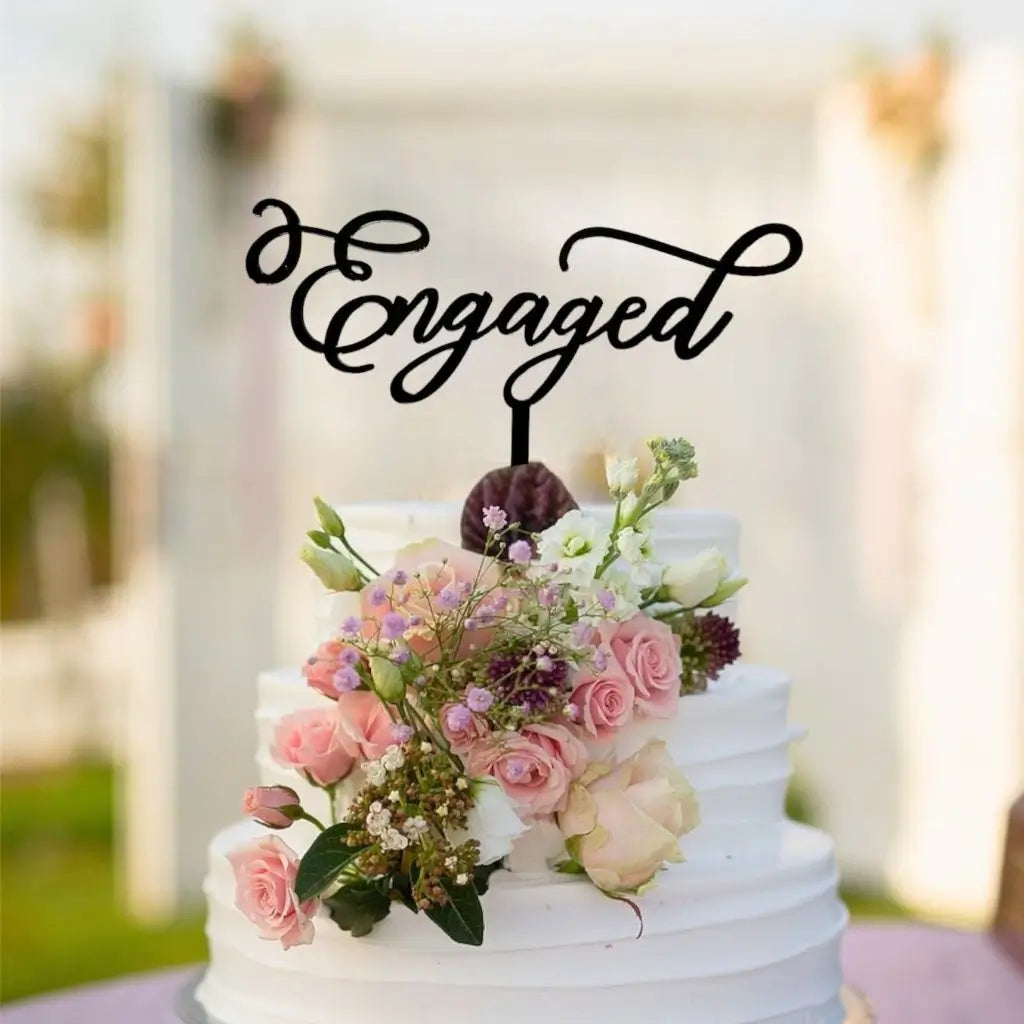 Black Acrylic 'Engaged' engagement wedding bridal shower hen party Cake Topper