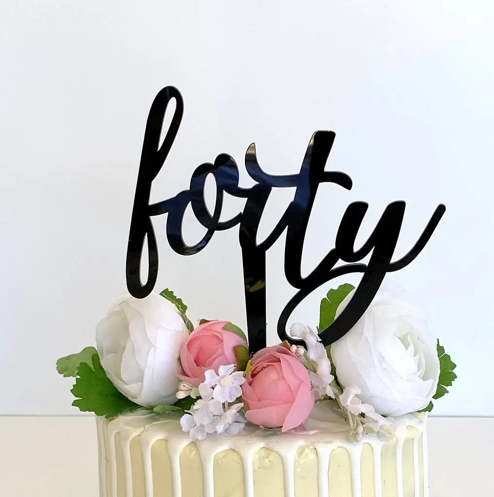 Acrylic Black 'forty' Script Birthday Cake Topper