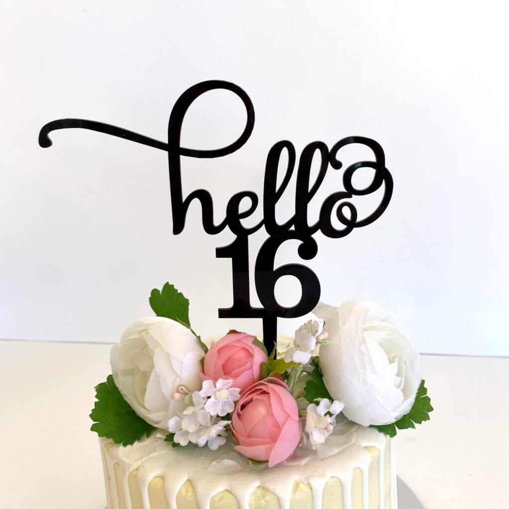 Acrylic Black 'hello 16' Cake Topper