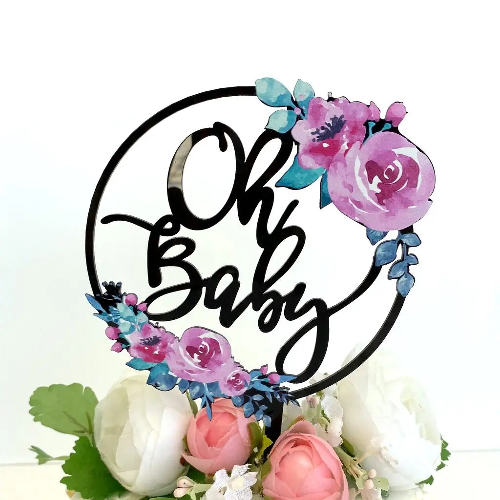Acrylic Black Oh Baby Floral Loop Baby Shower Cake Topper
