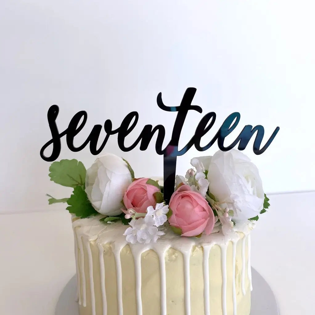 Acrylic Black 'seventeen' Script Birthday Cake Topper