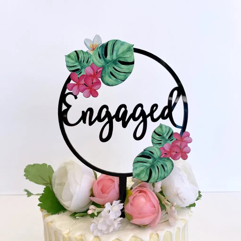 Acrylic Black Tropical Floral 'Engaged' Loop Bridal Wedding Engagement Cake Topper