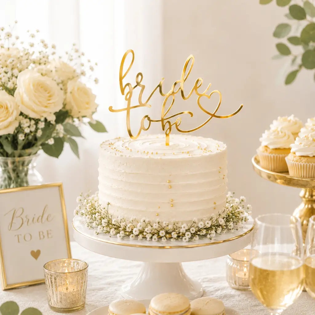 Gold Acrylic 'Bride To Be' with Heart Bridal Shower Cake Topper
