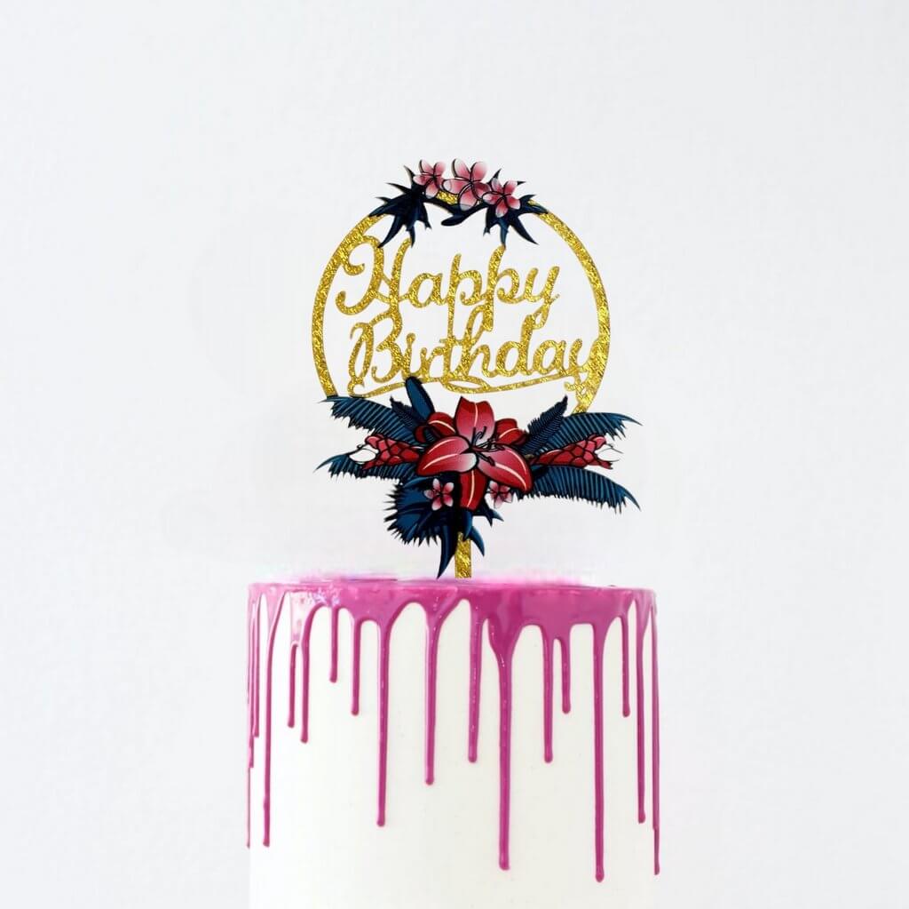 Acrylic 'Happy Birthday' Flower Wreath Cake Topper - Gold Glitter - Online Party Supplies