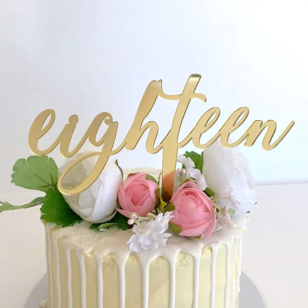 Laser Cut Gold Mirror Acrylic 'eighteen' Script Cake Topper