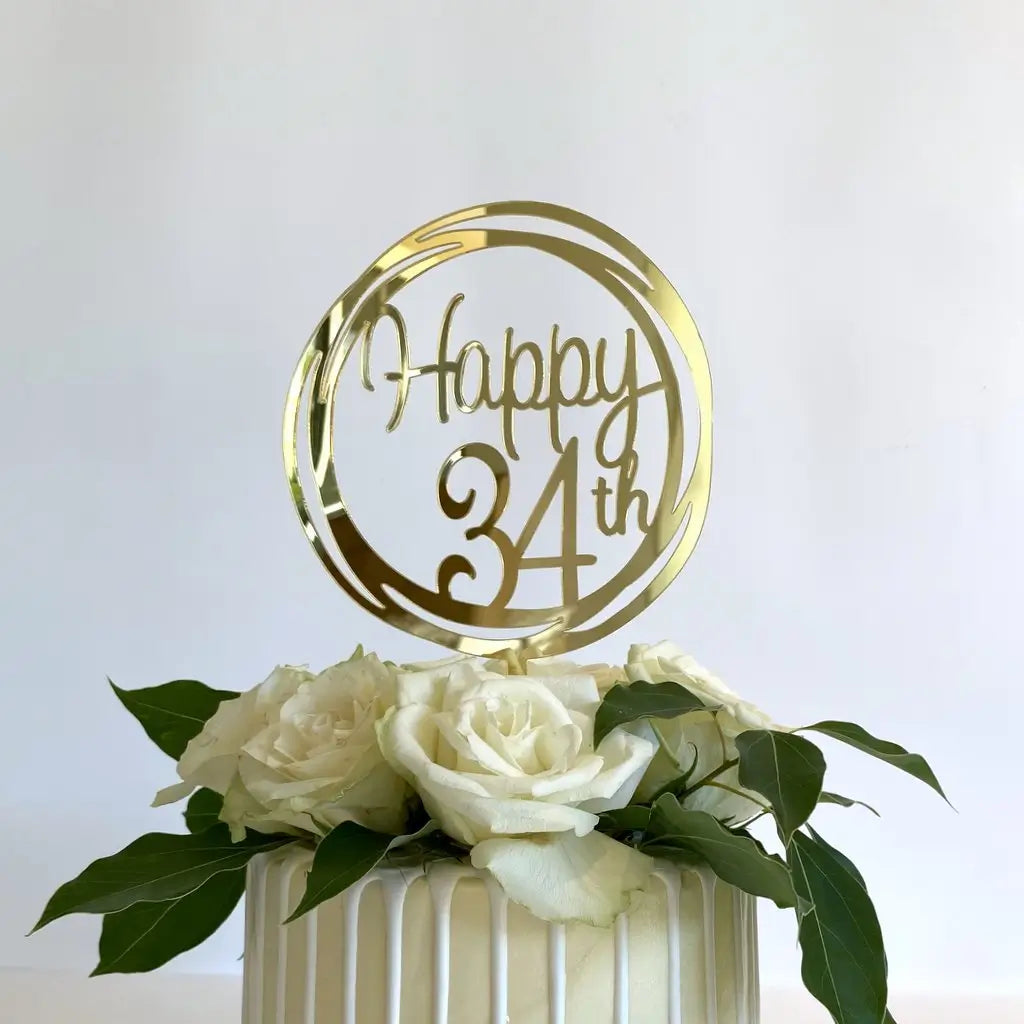 Acrylic Gold Geometric Circle 'Happy 34th' Cake Topper