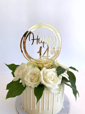 Acrylic Gold Mirror Happy 14th Birthday Geometric Circle Cake Topper