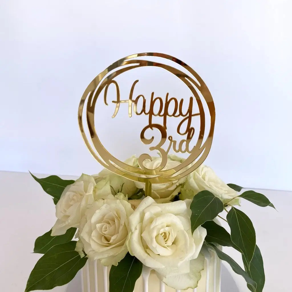 Acrylic Gold Mirror Happy 3rd Birthday Geometric Circle Cake Topper