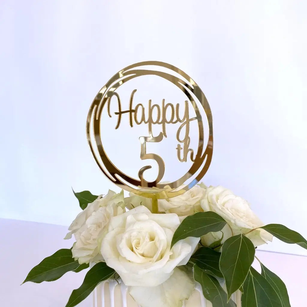 Acrylic Gold Mirror Happy 5th Birthday Geometric Circle Cake Topper